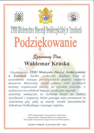 Podziękowanie XVIII Mistrzostwa Diecezji Drohiczyńskiej w Szachach
