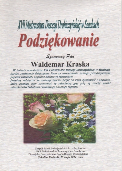 Podziękowanie - XVII Mistrzostwa Diecezji Drohiczyńskiej w Szachcach 