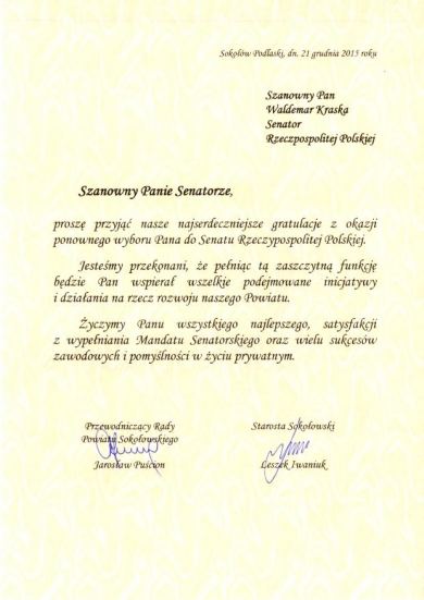 Gratulacje od Starosty Sokołowskiego i Przewodniczącego Rady Powiatu